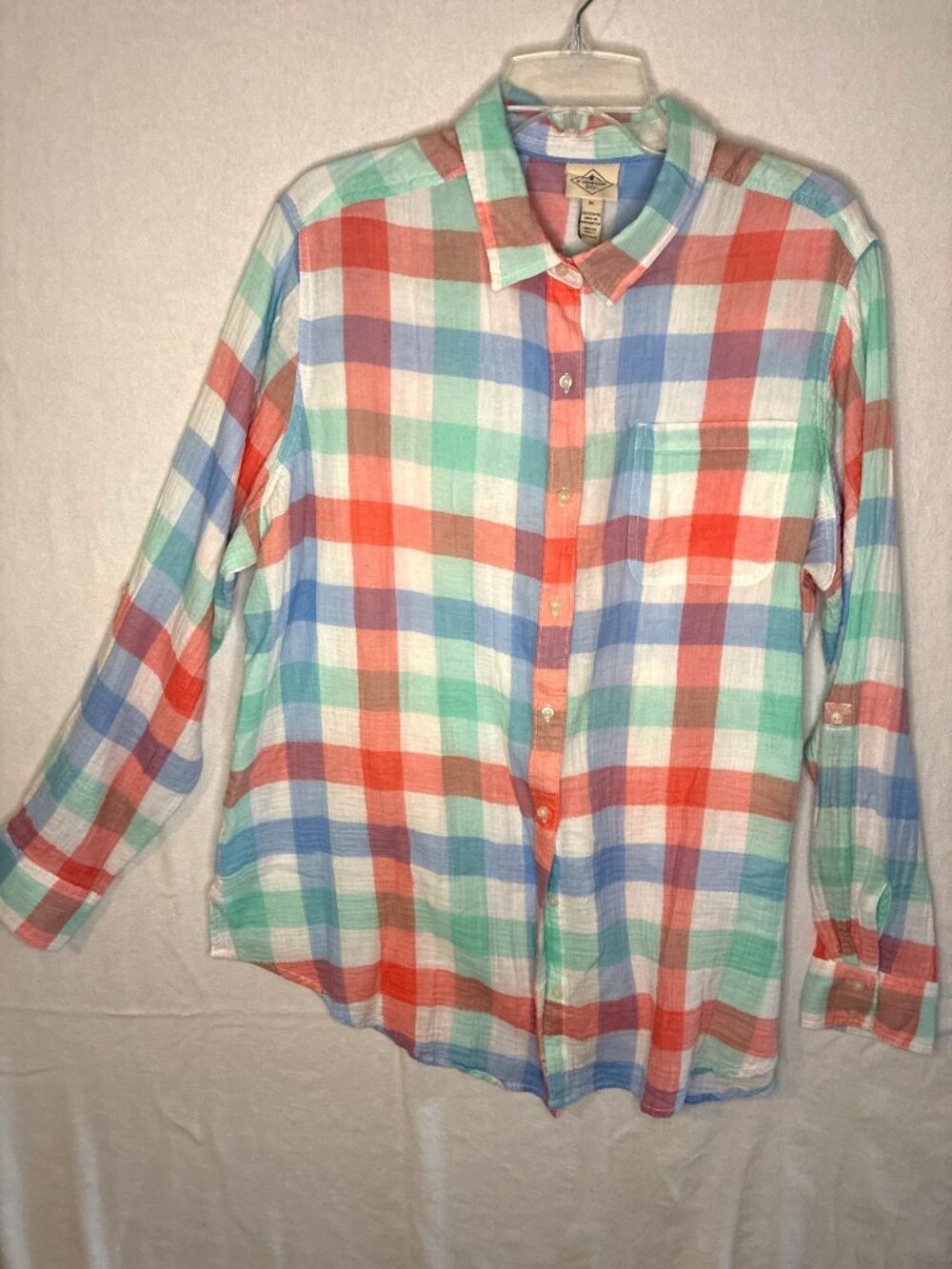 St. John's Bay XL Pastel Plaid Cotton Shirt Roll Tab Sleeves Lightweight